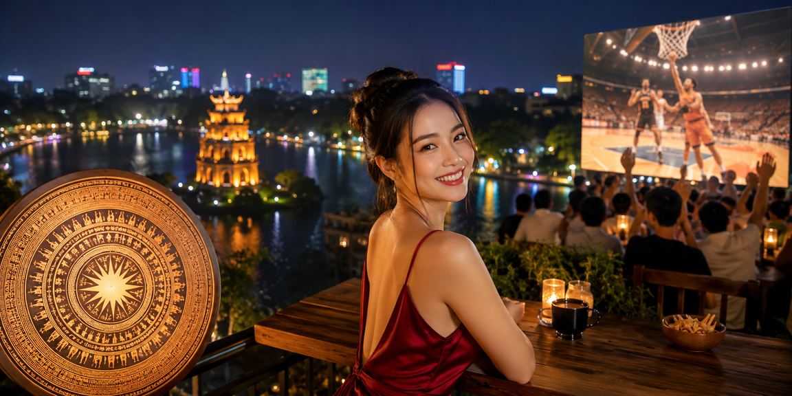 Người dùng Hà Nội theo dõi kèo bóng rổ và đặt cược thể thao tại quán cà phê buổi tối